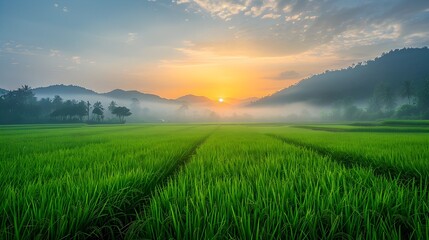 Canvas Print - Peaceful Sunrise Over Lush Green Rice Paddy Fields in Tranquil Thai Countryside Landscape