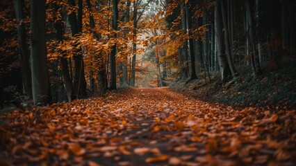 Wall Mural - crisp fallen leaves covering a forest path