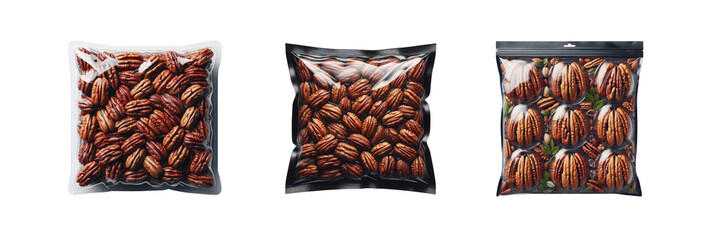 Wall Mural - Set of pack of Fresh pecans in transparent Packaging, isolated over on transparent white background