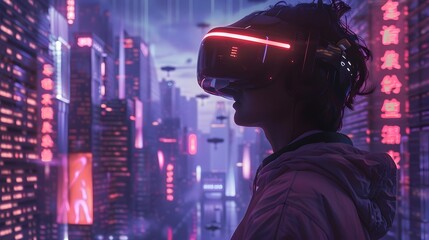 Canvas Print - Futuristic Immersive VR Experience in Cityscape with Skyscrapers and Neon Lights