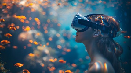 Wall Mural - VR User Exploring Captivating Underwater Seascape with Marine Life