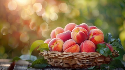 Peach fruit in wooden basket on wooden table in garden, Fresh peach on blurred greenery background, empty space for text