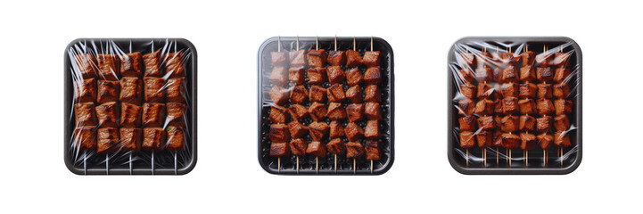 Wall Mural - Set of pack of Beef Kebabs skewers Beef grilled cube in transparent Packaging, isolated over on transparent white background