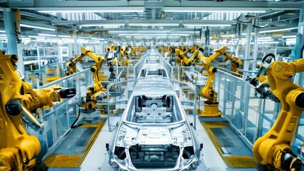 Wall Mural - A modern car production line with cars on the conveyor belt