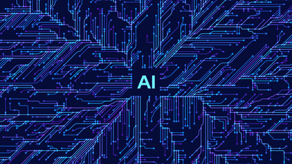 Leinwandbilder - Abstract AI Digital Circuit Board Tech Background. Technology Connected Blue Lines Electronics Elements BG. Computer Motherboard Processor Chip. Neural Network Concept. Vector Illustration.