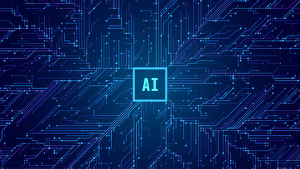 Leinwandbilder - Abstract AI Digital Circuit Board Tech Background. Technology Connected Blue Lines Electronics Elements BG. Computer Motherboard Processor Chip. Neural Network Concept. Vector Illustration.