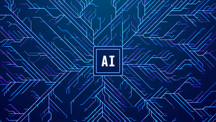 Wall Mural - Abstract AI Digital Circuit Board Tech Background. Technology Connected Blue Lines Electronics Elements BG. Computer Motherboard Processor Chip. Neural Network Concept. Vector Illustration.