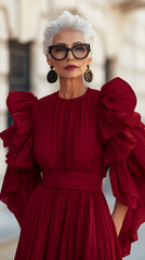 An elegant elderly woman confidently standing outdoors, dressed in a striking red gown with bold, structured sleeves. Her large black glasses and statement earrings