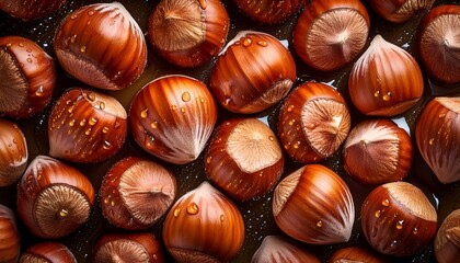 Wall Mural - Fresh hazelnuts with water droplets