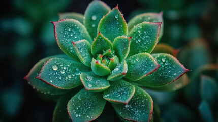 Canvas Print - A green plant with droplets of water on it