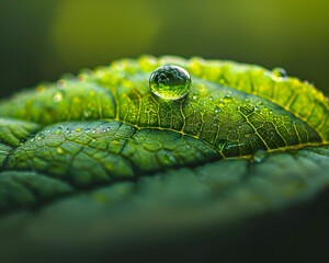 Canvas Print - Captivating Macro Shot of Water Droplet Reflecting on Lush Green Leaf