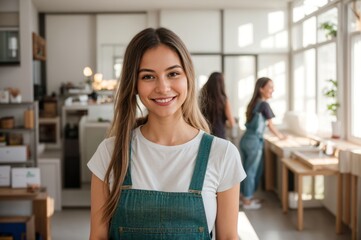 Wall Mural - A youthful woman grinning gently inside donning a white shirt and denim dungarees 