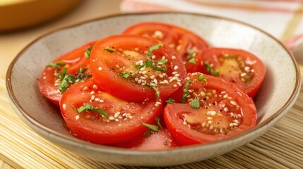 Wall Mural - Fresh sliced tomatoes with herbs sesame seeds on plate