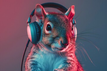 Wall Mural - Squirrel with headphones, fashion portrait in pink and blue neon colors created with ai