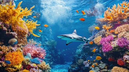 A coral reef filled with vibrant tropical fish, with a shark adding a touch of excitement to the underwater landscape.