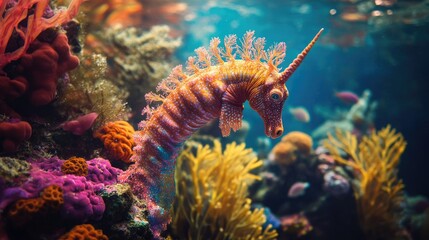 A sea horse delicately floating among the vibrant coral reef, surrounded by the colorful beauty of the underwater world.