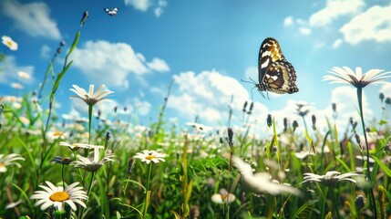 Beautiful summer meadow with white summer flowers and a flying butterfly on a sunny blue sky background