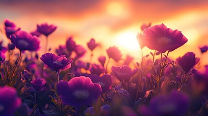 A sunset scene with a close-up of vibrant purple flowers, their petals illuminated by the fading light.