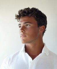 Wall Mural - Young man in a white shirt gazing thoughtfully against a neutral background