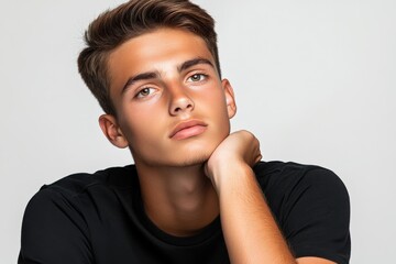 Wall Mural - Young man posing thoughtfully with hand on chin against neutral backdrop