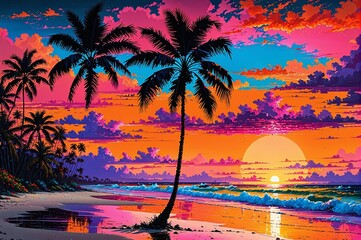 Wall Mural - A beautiful painting of a beach with palm trees and a sunset