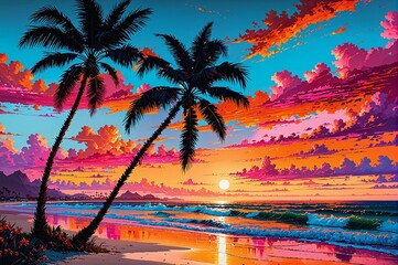 Wall Mural - A beautiful painting of a beach with palm trees and a sunset