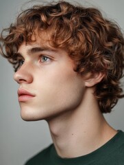 Wall Mural - Young man with curly hair in profile against a plain background