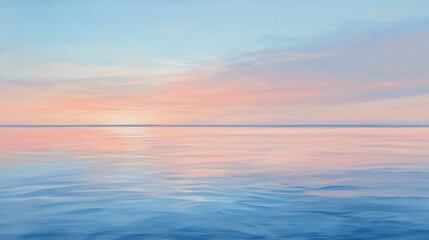 A seascape at dawn, with soft pastel colors in the sky reflecting off the calm water