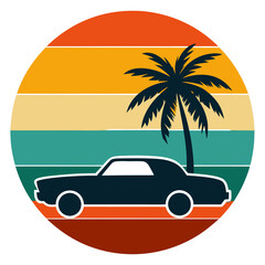 Sticker - Retro Striped Car Silhouette in Circle - Trendy Vintage T-Shirt Design