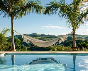 Poster - Tranquil Palm Tree Hammock with Waterfront View in Lush Tropical Oasis