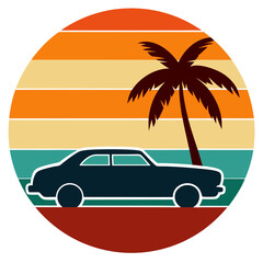 Sticker - Retro Striped Car Silhouette in Circle - Trendy Vintage T-Shirt Design