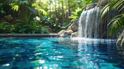 Poster - Serene Tropical Pool with Cascading Rock Waterfall and Lush Foliage