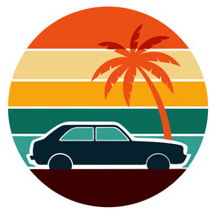 Sticker - Retro Striped Car Silhouette in Circle - Trendy Vintage T-Shirt Design