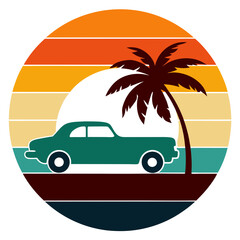 Sticker - Retro Striped Car Silhouette in Circle - Trendy Vintage T-Shirt Design