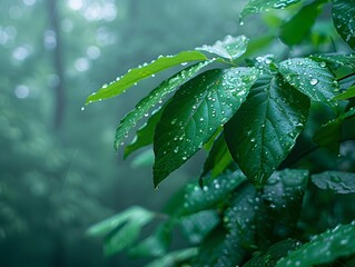 Poster - Rainy Woodland Ambiance with Lush Foliage and Misty Droplets Evoking Serenity and Contemplation