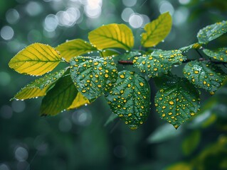 Canvas Print - Rainy Forest with Droplets on Lush Green Leaves Serene Misty Concept