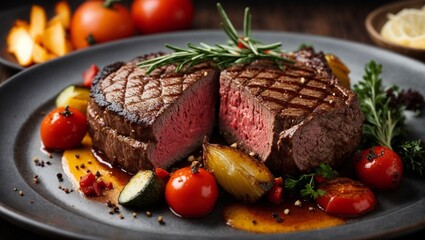 Juicy Steak with Rosemary: A mouthwatering close-up of a perfectly grilled steak, sliced open to reveal its juicy red center.  The steak is served on a plate with roasted vegetables, rosemary sprigs, 