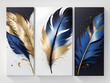 © Logo - Elegant feather painting in blue black and gold color in 3 frames on white and light blue background