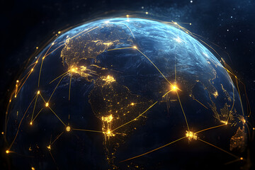 Wall Mural - glowing planet with yellow network connecting cities on black background
