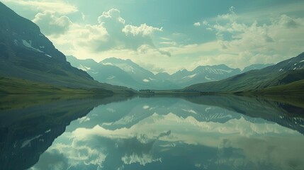 Canvas Print - A serene alpine lake with a reflection of the mountains.