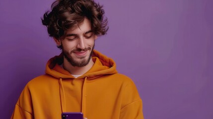 Man texting on phone, purple background, warm lighting, portrait shot, casual attire, high detail, relaxed mood