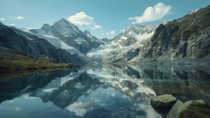 Wall Mural - A serene alpine lake with a reflection of snow-capped peaks.