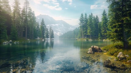 Poster - A serene alpine lake with clear water and pine trees surrounding it.