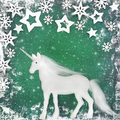 Wall Mural - Fantasy unicorn christmas snowflake star snow green background border. Abstract festive decoration design for Yule, Noel, Xmas. Greeting card, gift tag, label.