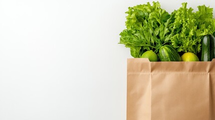 Wall Mural - Fresh green vegetables in brown paper bag on white background