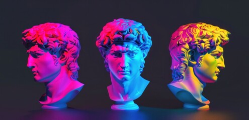 Wall Mural - Three colorful busts of a classical sculpture, showcasing different angles and vibrant hues against a dark background