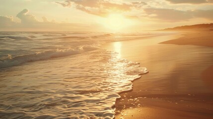 Poster - A serene beach at sunrise with soft golden light.