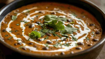 Wall Mural - A detailed shot of a bowl of dal makhani with a swirl of cream and coriander leaves.