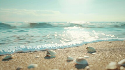 Poster - A serene beach with gentle waves and seashells scattered on the shore.