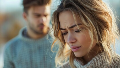 Young woman feeling sad with her boyfriend comforting her